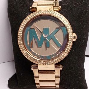 Michael Kors womens Yellow & Rose Gold MK Signature Bezel Crystal Quartz Watch.